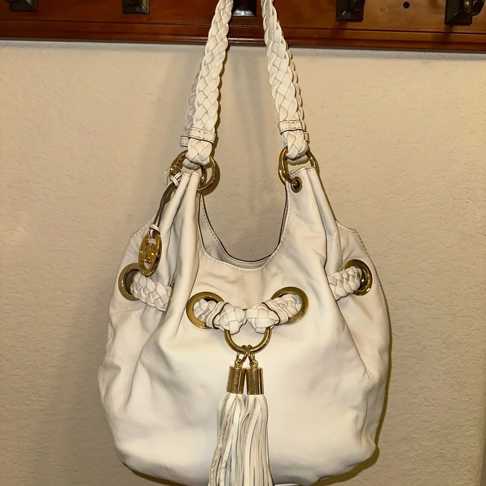 Michael Kors White Leather Hobo Bag With Braided Handle Shoulder Bag - Picture 4 of 17